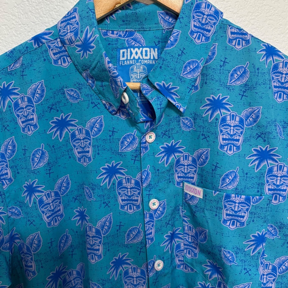 Dixxon Flannel Co Tiki Totem Teal Blue Tropical Short Sleeve Button Up Shirt M - Picture 3 of 6